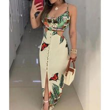 Load image into Gallery viewer, LASPERAL Spaghetti Strap Tropical Print Cutout Dresses Fashion Summer Tank Women Dress Split Button Sundress Sexy Sheath Vestido