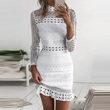 Load image into Gallery viewer, ANSELF White Lace Dress Women Party Dresses female vestidos Elegant Ladies Bodycon Dress Solid Long Sleeve Tiered Wrap Dress