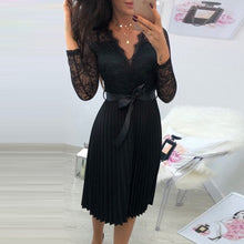 Load image into Gallery viewer, GUMPRUN Summer Casual Dress 2019 Women Lace Pleated Long Sleeve Dress Elegant Fresh Black Ribbon Hollow Chiffon Midi Dress