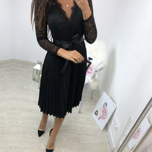 Load image into Gallery viewer, GUMPRUN Summer Casual Dress 2019 Women Lace Pleated Long Sleeve Dress Elegant Fresh Black Ribbon Hollow Chiffon Midi Dress