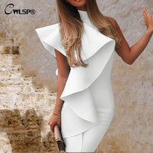 Load image into Gallery viewer, CWLSP 2019 white dress ruffles Female Solid Ribbed dress vestidos Casual Slim dresses Fashion style Mock-neck backless QZ2866